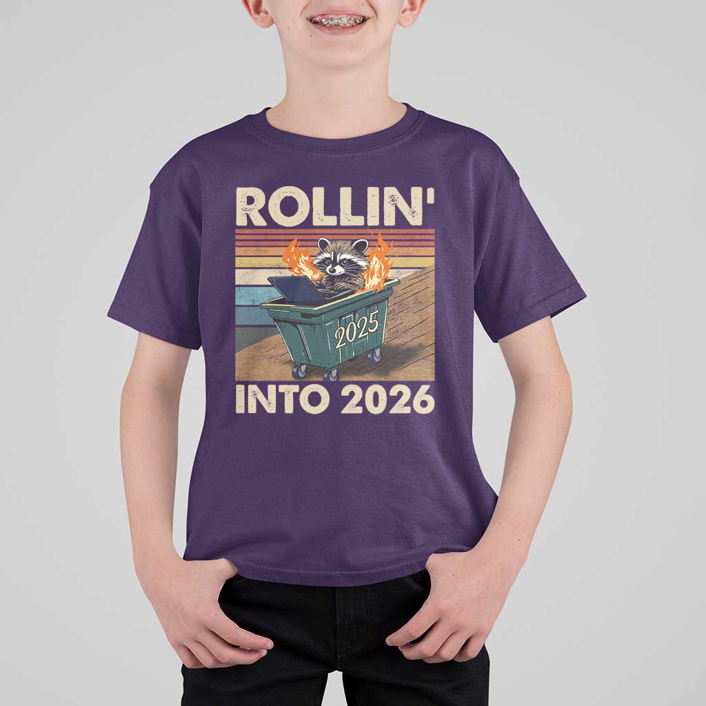 Funny Raccoon Rollin Into 2026 T Shirt For Kid New Year Dumpster Fire - Wonder Print Shop