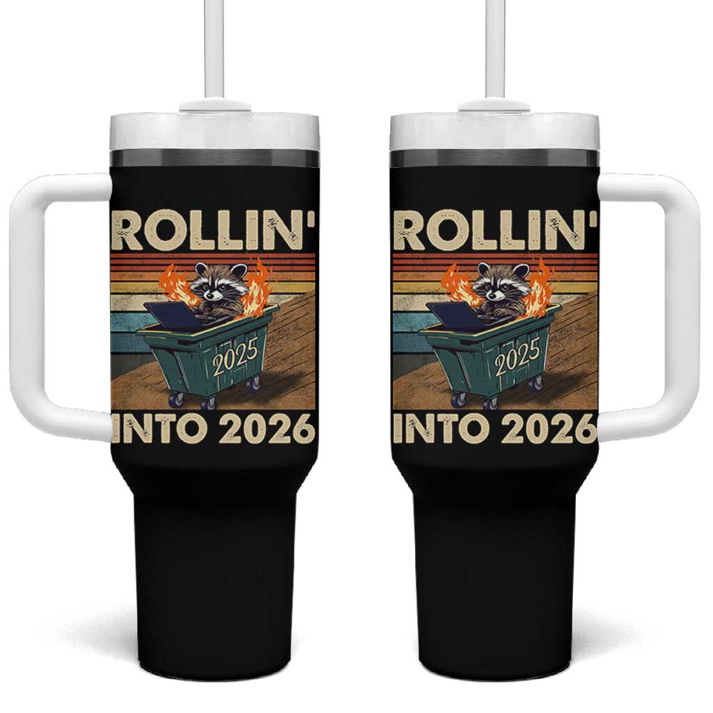 Funny Raccoon Rollin Into 2026 Tumbler With Handle New Year Dumpster Fire - Wonder Print Shop