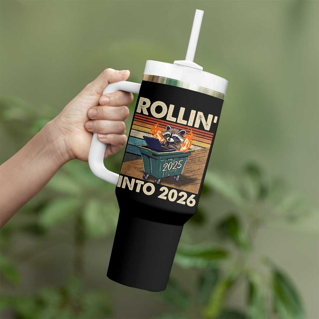 Funny Raccoon Rollin Into 2026 Tumbler With Handle New Year Dumpster Fire - Wonder Print Shop