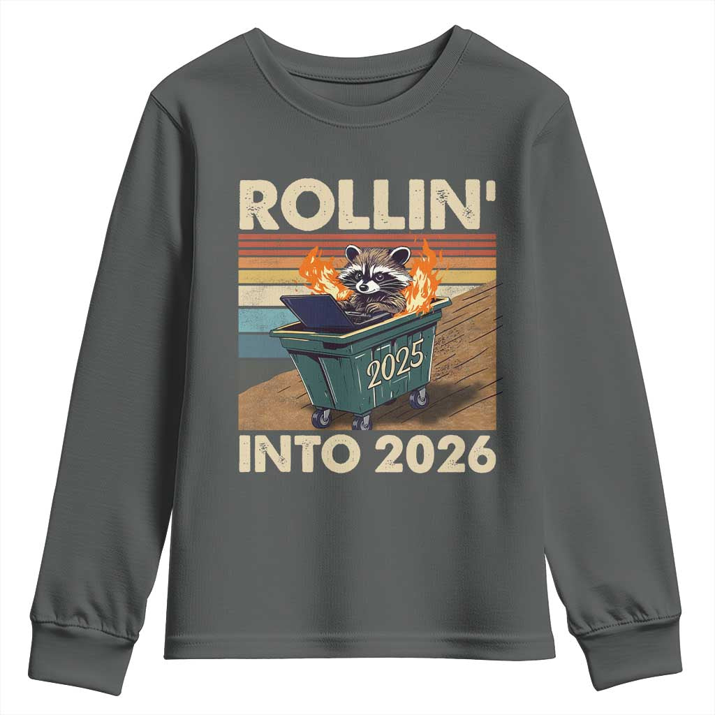 Funny Raccoon Rollin Into 2026 Youth Sweatshirt New Year Dumpster Fire - Wonder Print Shop