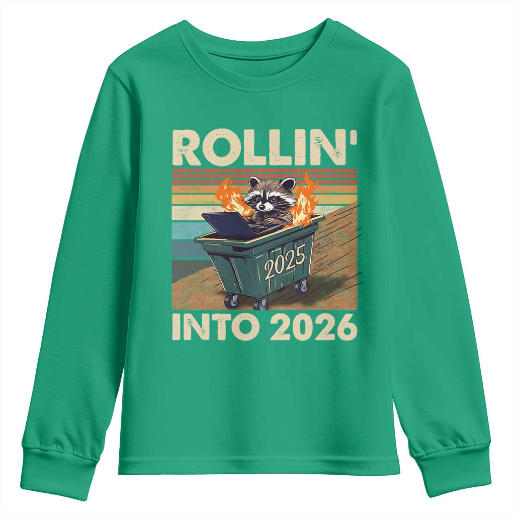 Funny Raccoon Rollin Into 2026 Youth Sweatshirt New Year Dumpster Fire - Wonder Print Shop