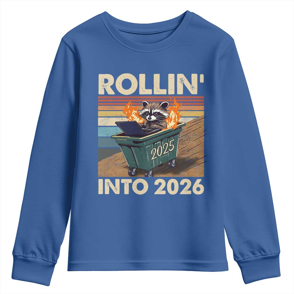 Funny Raccoon Rollin Into 2026 Youth Sweatshirt New Year Dumpster Fire - Wonder Print Shop