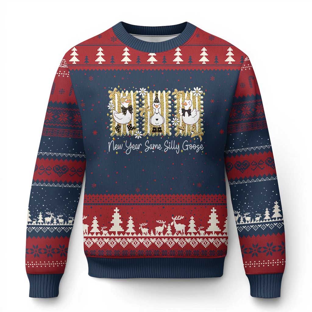 Funny New Year Same Silly Goose Ugly Christmas Sweater New Year Eve Goose Squad Faux Glitter - Wonder Print Shop