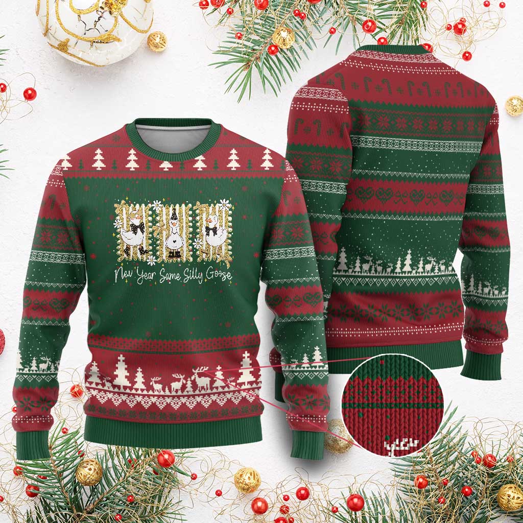 Funny New Year Same Silly Goose Ugly Christmas Sweater New Year Eve Goose Squad Faux Glitter - Wonder Print Shop