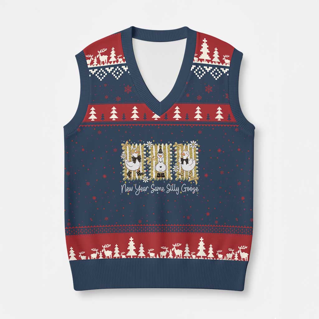 Funny New Year Same Silly Goose V-Neck Knit Sweater Vest New Year Eve Goose Squad Faux Glitter - Wonder Print Shop