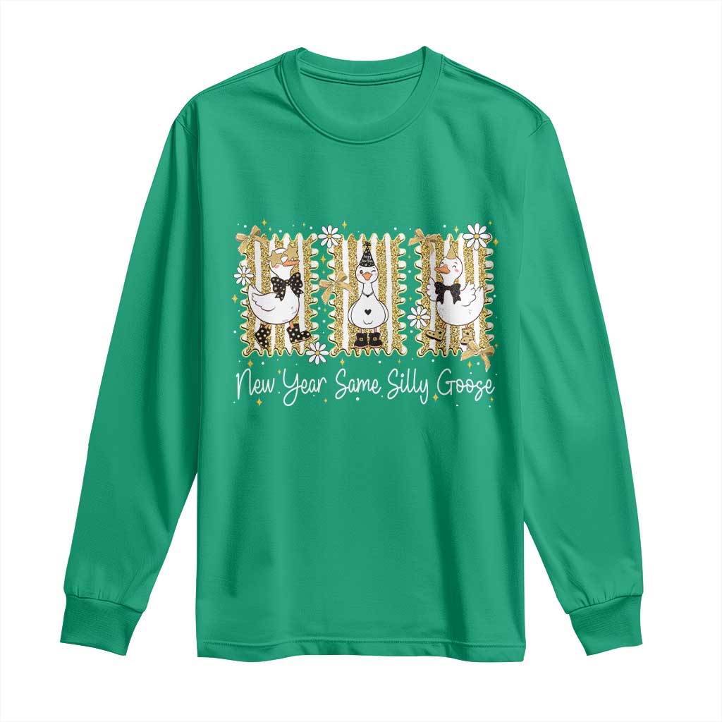 Funny New Year Same Silly Goose Long Sleeve Shirt New Year Eve Goose Squad Faux Glitter - Wonder Print Shop