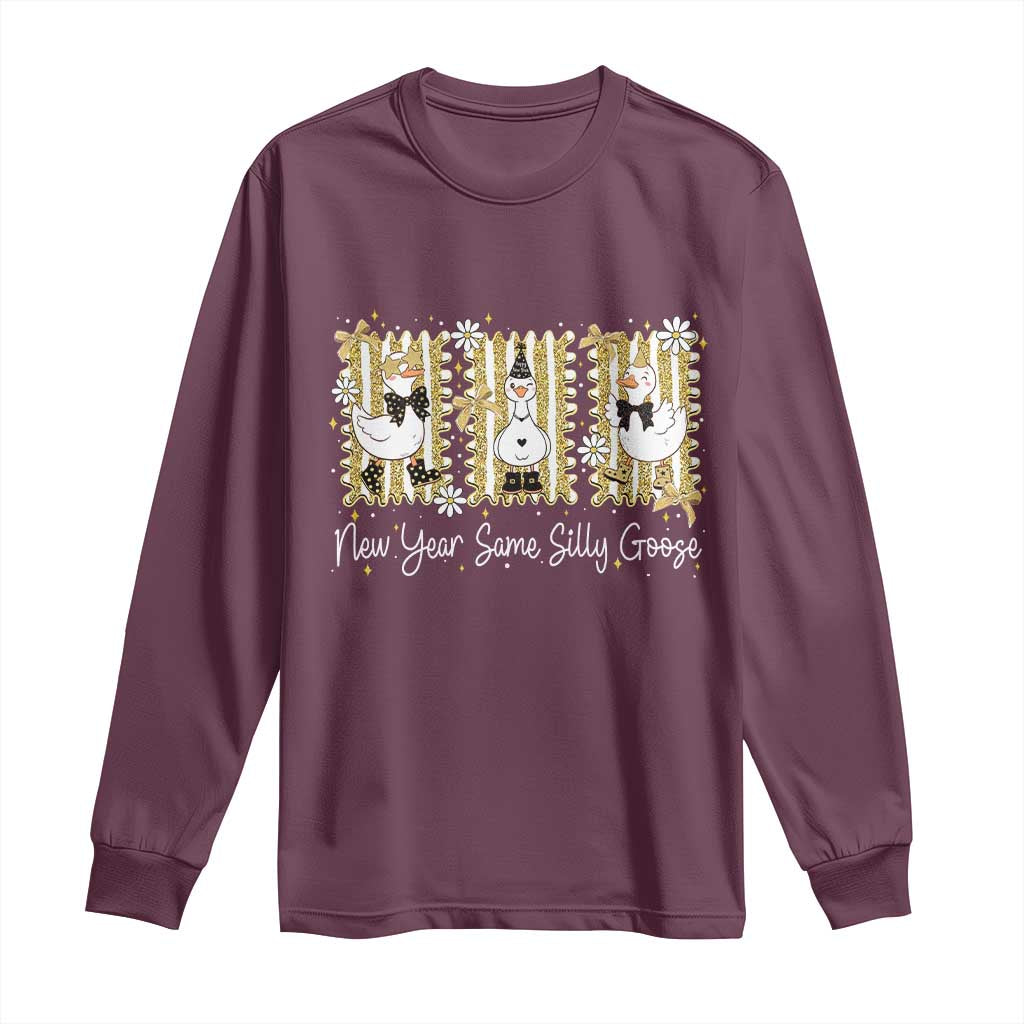 Funny New Year Same Silly Goose Long Sleeve Shirt New Year Eve Goose Squad Faux Glitter - Wonder Print Shop