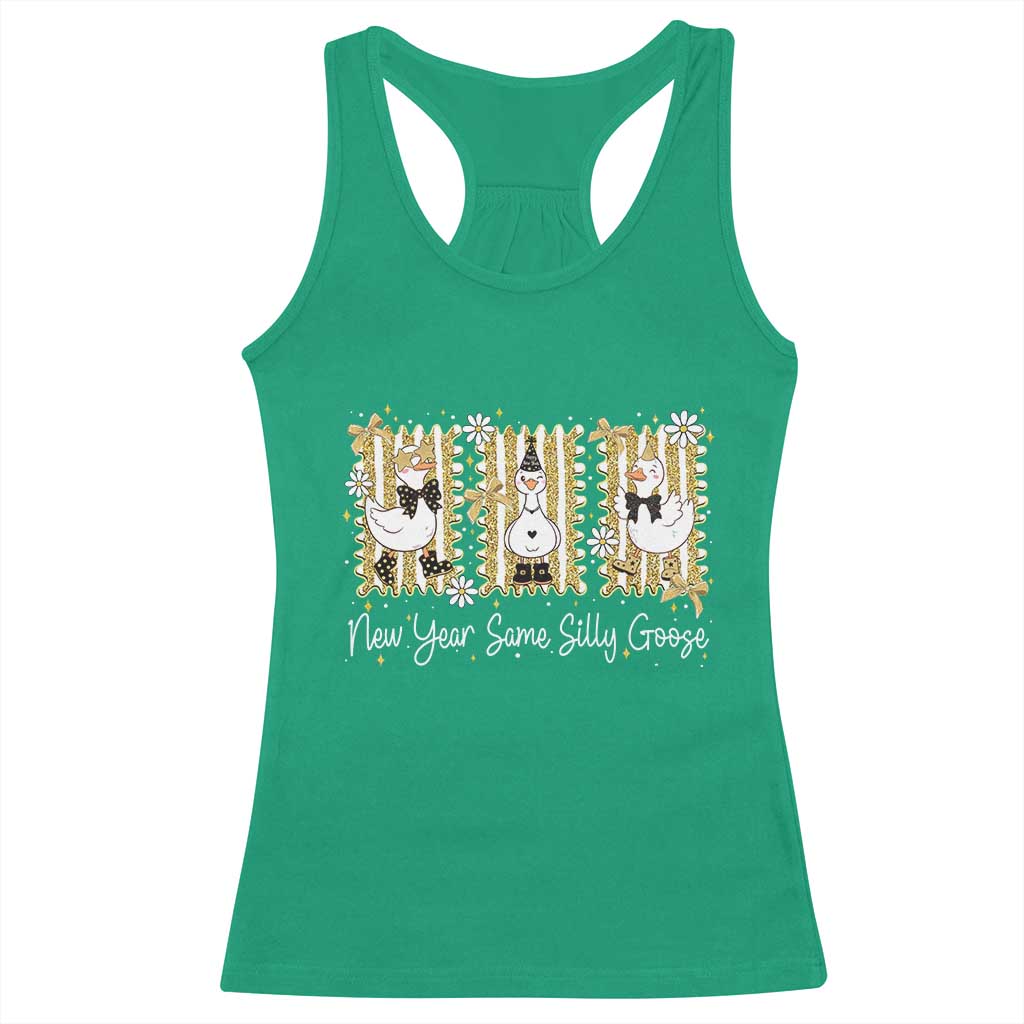 Funny New Year Same Silly Goose Racerback Tank Top New Year Eve Goose Squad Faux Glitter - Wonder Print Shop