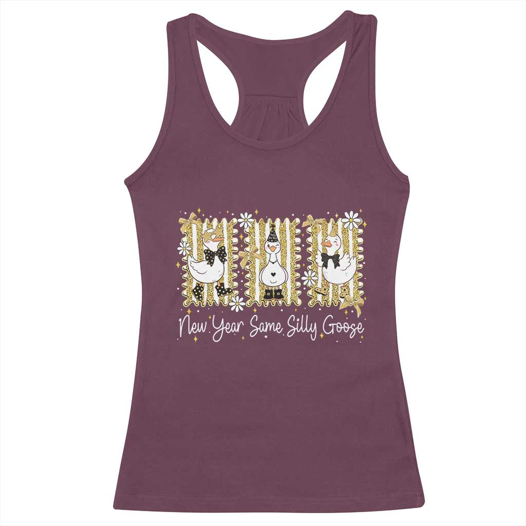 Funny New Year Same Silly Goose Racerback Tank Top New Year Eve Goose Squad Faux Glitter - Wonder Print Shop