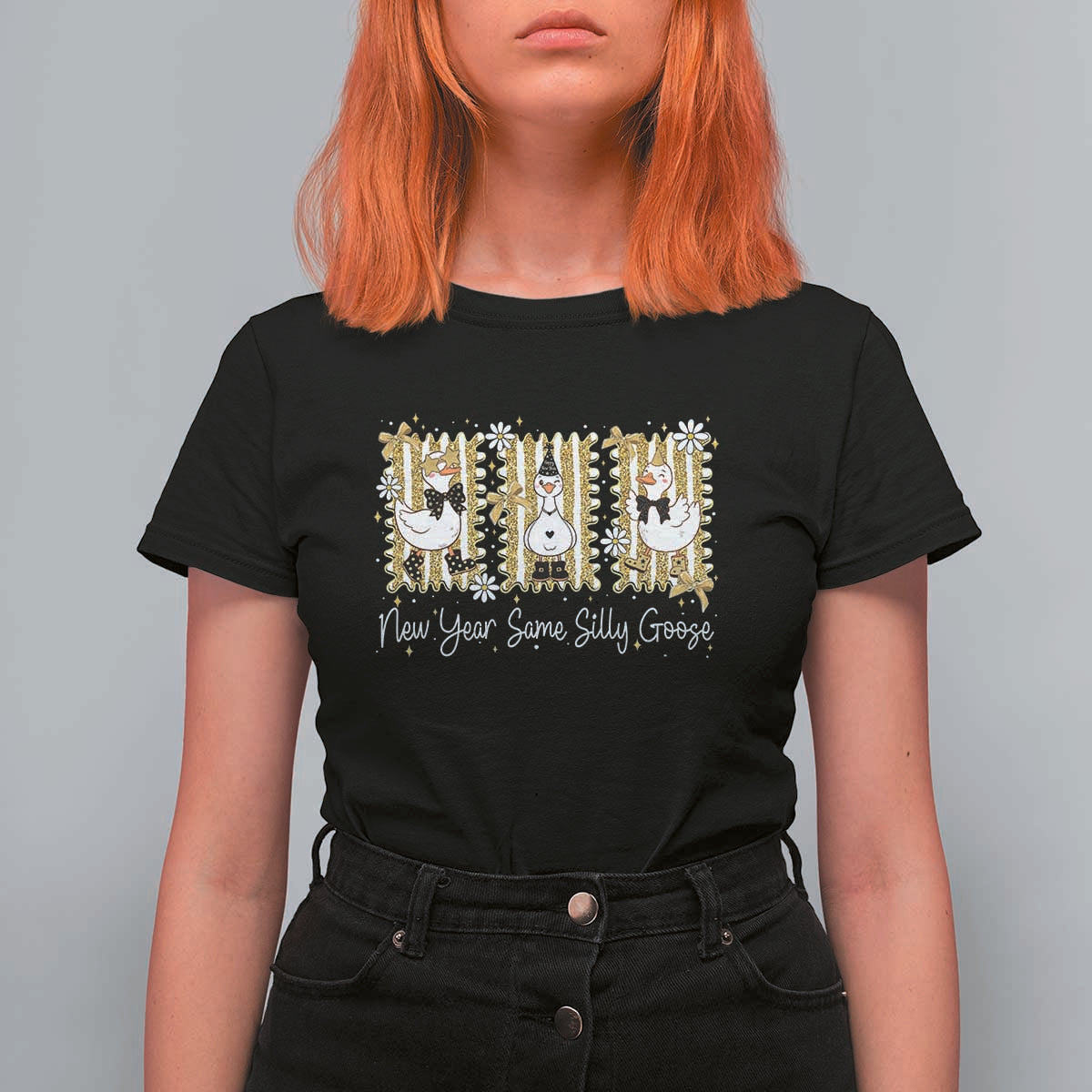 Funny New Year Same Silly Goose T Shirt For Women New Year Eve Goose Squad Faux Glitter - Wonder Print Shop