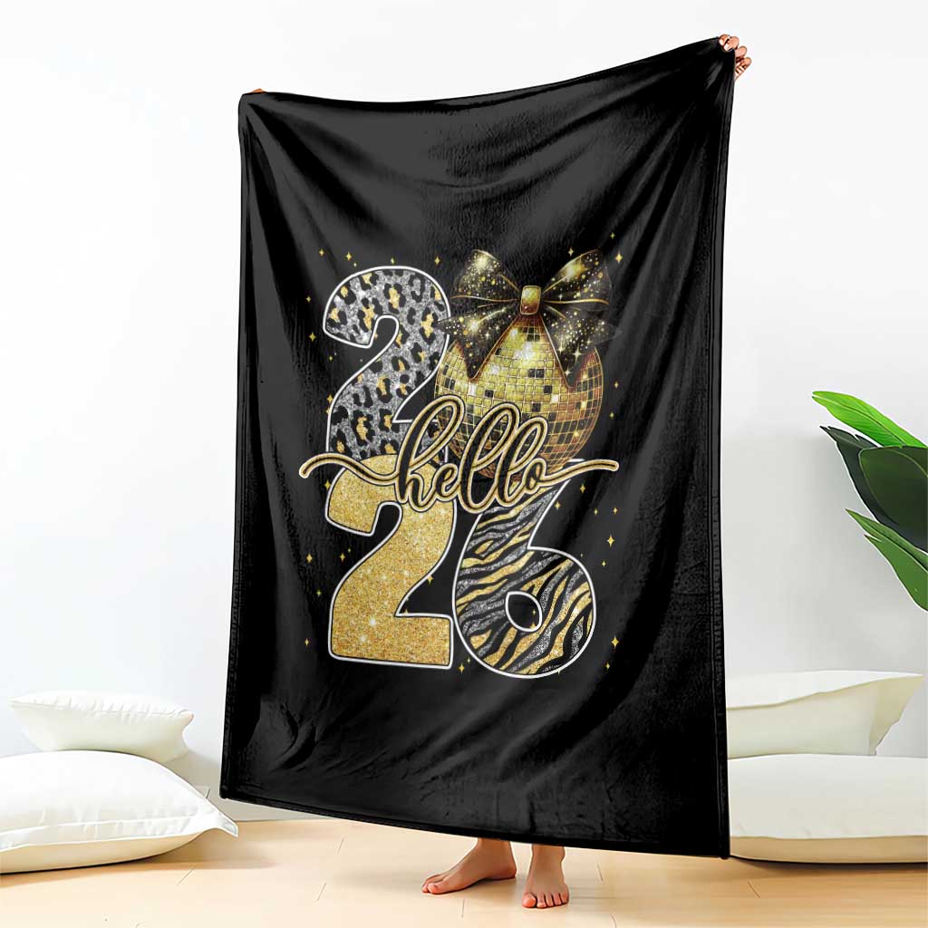 Happy New Year 2026 Throw Blanket Hello 2026 Disco Ball Coquette Bow Faux Glitter - Wonder Print Shop