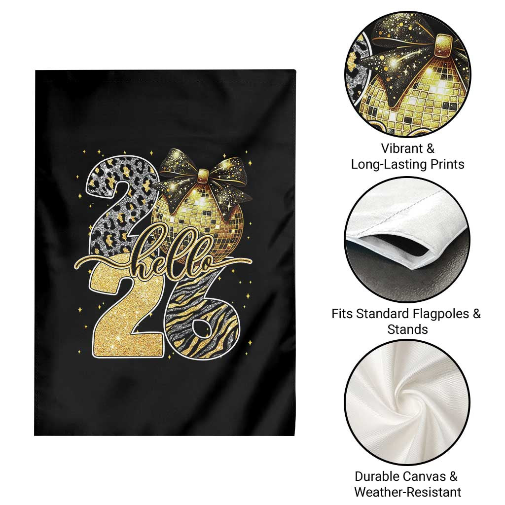 Happy New Year 2026 Garden Flag Hello 2026 Disco Ball Coquette Bow Faux Glitter - Wonder Print Shop