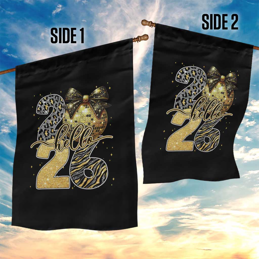 Happy New Year 2026 Garden Flag Hello 2026 Disco Ball Coquette Bow Faux Glitter - Wonder Print Shop