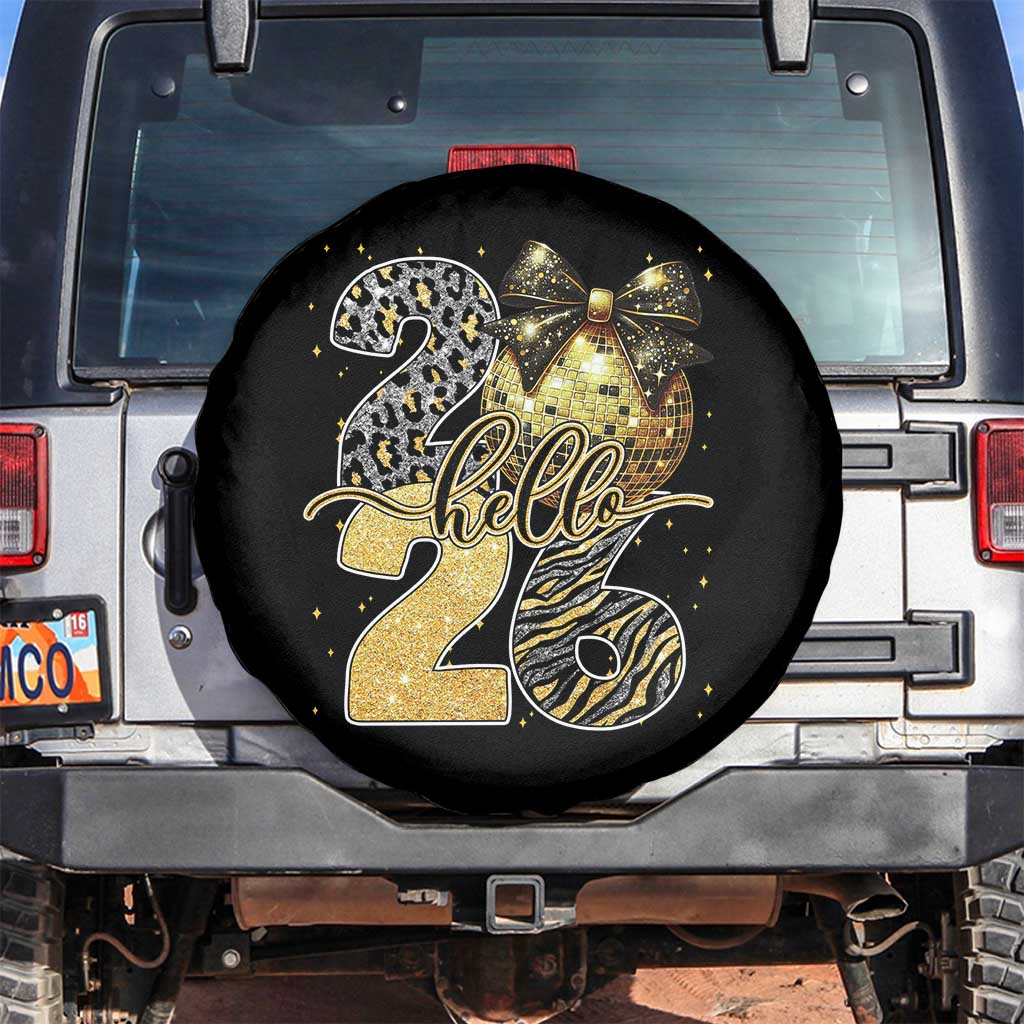 Happy New Year 2026 Spare Tire Cover Hello 2026 Disco Ball Coquette Bow Faux Glitter - Wonder Print Shop
