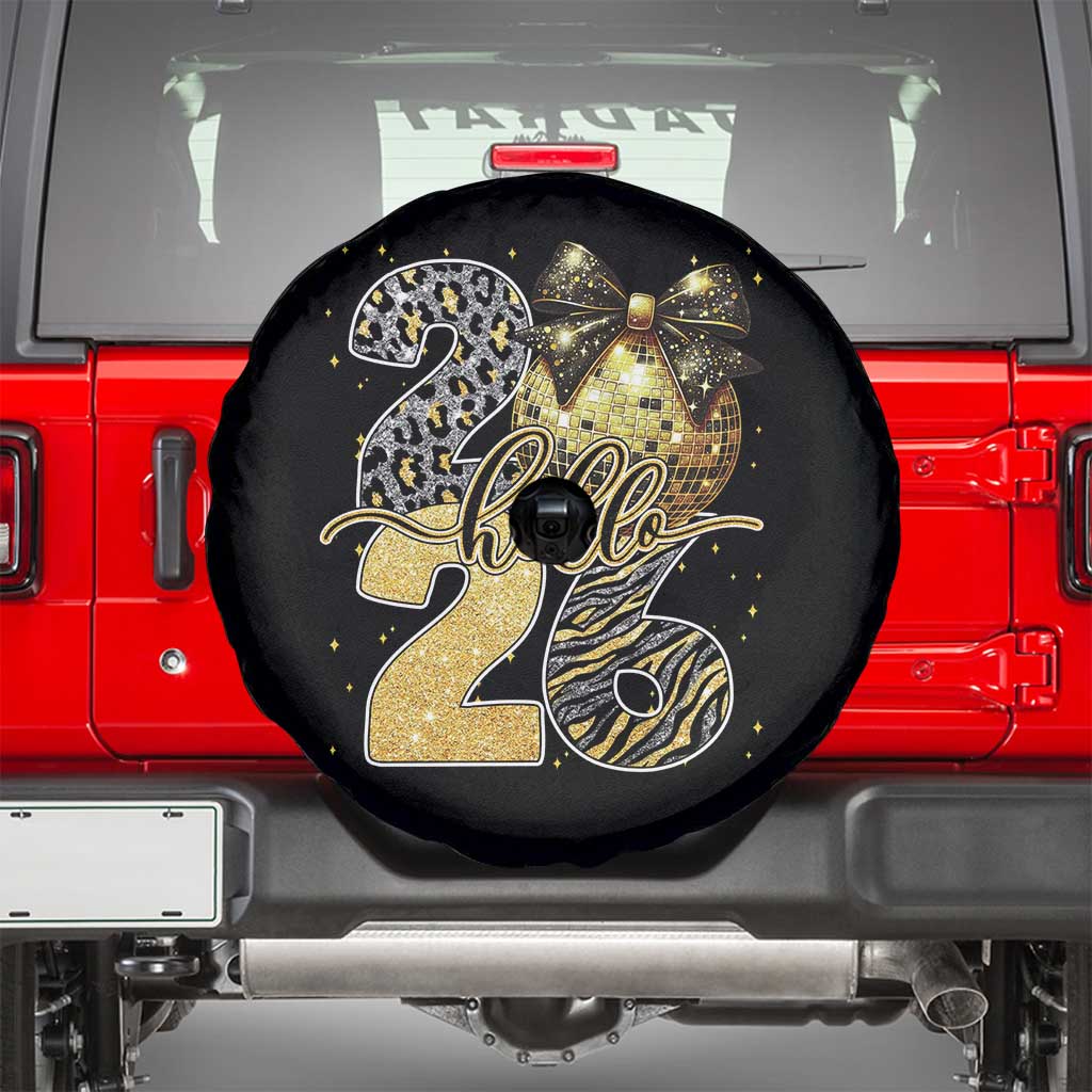 Happy New Year 2026 Spare Tire Cover Hello 2026 Disco Ball Coquette Bow Faux Glitter - Wonder Print Shop
