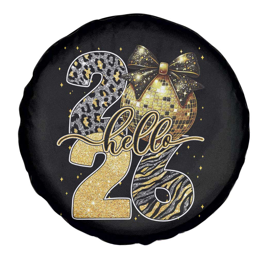 Happy New Year 2026 Spare Tire Cover Hello 2026 Disco Ball Coquette Bow Faux Glitter - Wonder Print Shop