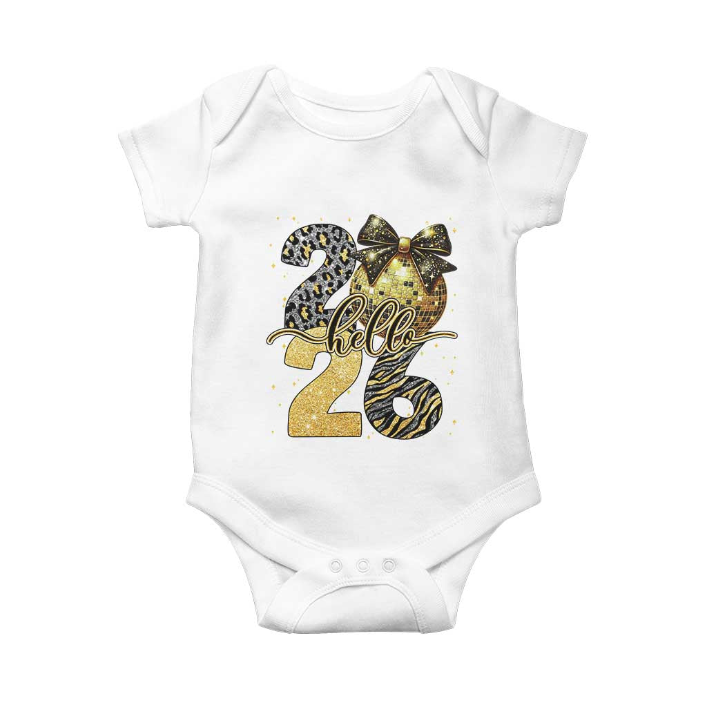 Happy New Year 2026 Baby Onesie Hello 2026 Disco Ball Coquette Bow Faux Glitter - Wonder Print Shop