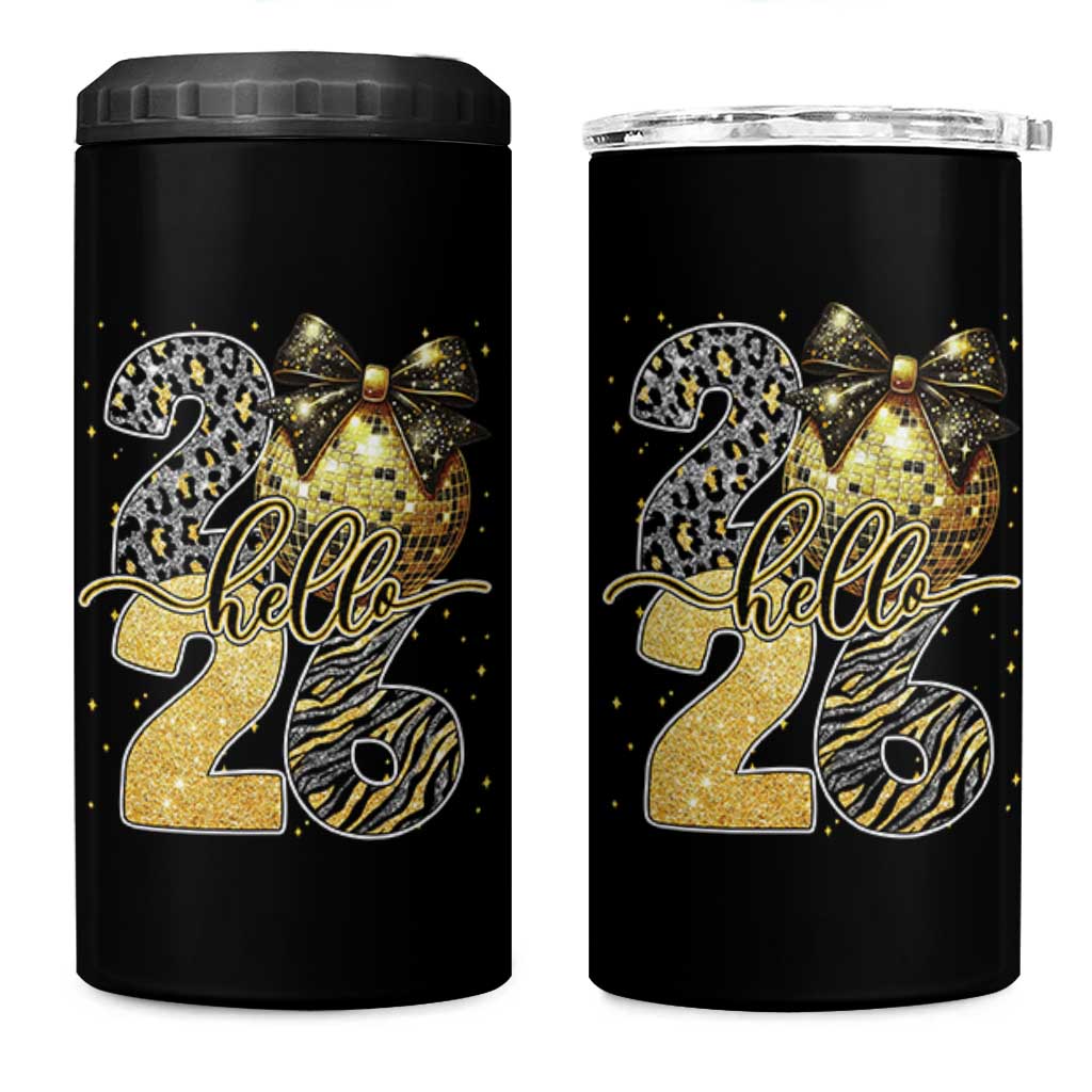 Happy New Year 2026 4 in 1 Can Cooler Tumbler Hello 2026 Disco Ball Coquette Bow Faux Glitter - Wonder Print Shop