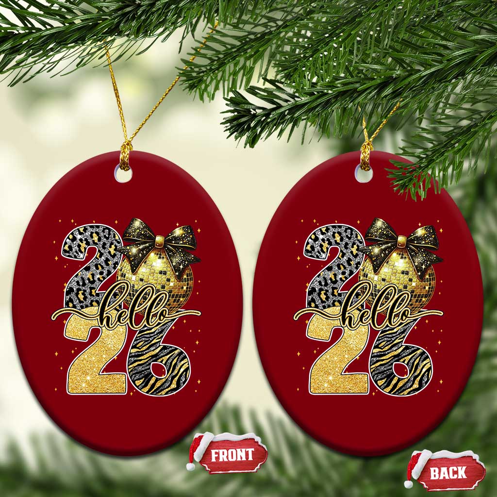 Happy New Year 2026 Ceramic Ornament Hello 2026 Disco Ball Coquette Bow Faux Glitter - Wonder Print Shop