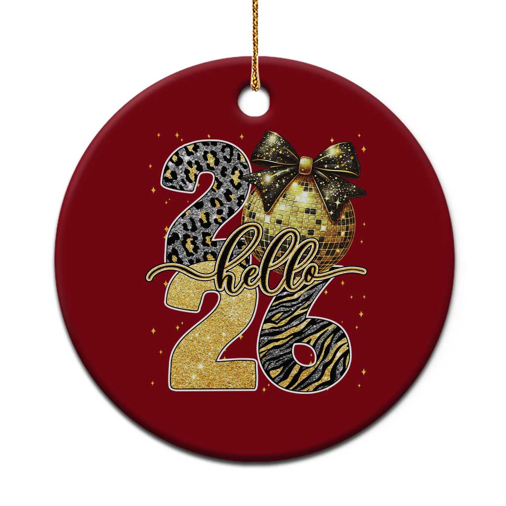 Happy New Year 2026 Ceramic Ornament Hello 2026 Disco Ball Coquette Bow Faux Glitter - Wonder Print Shop