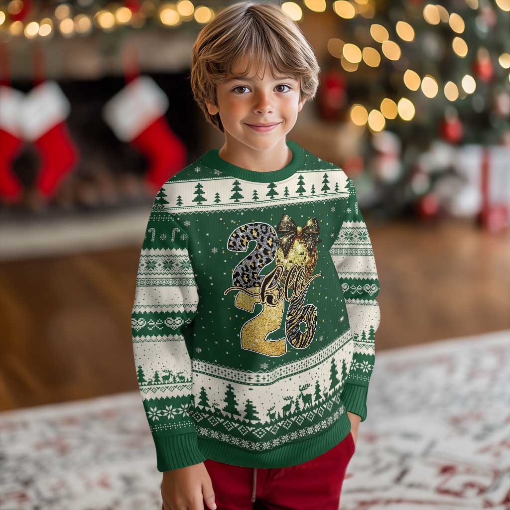 Happy New Year 2026 Ugly Christmas Sweater Hello 2026 Disco Ball Coquette Bow Faux Glitter - Wonder Print Shop