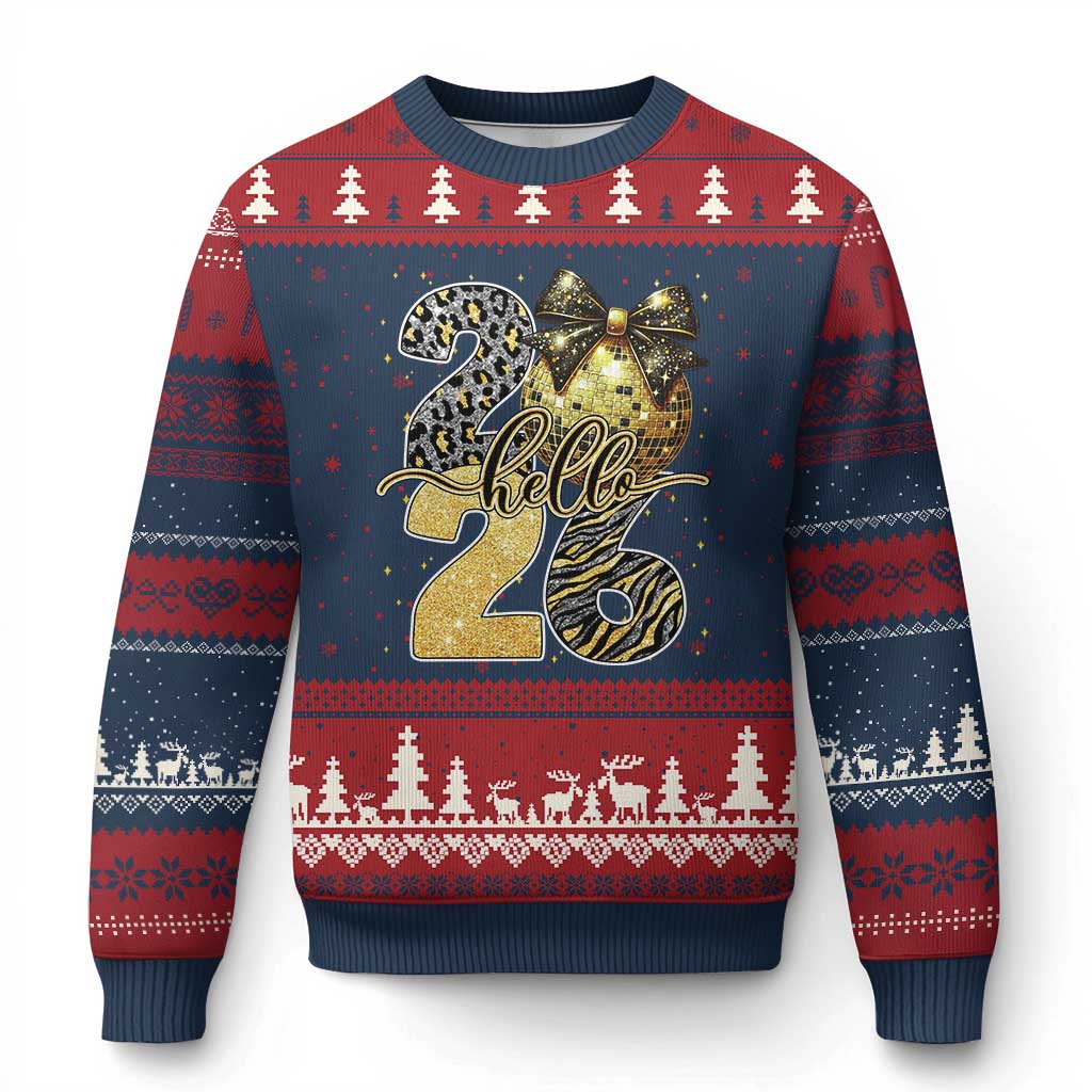 Happy New Year 2026 Ugly Christmas Sweater Hello 2026 Disco Ball Coquette Bow Faux Glitter - Wonder Print Shop
