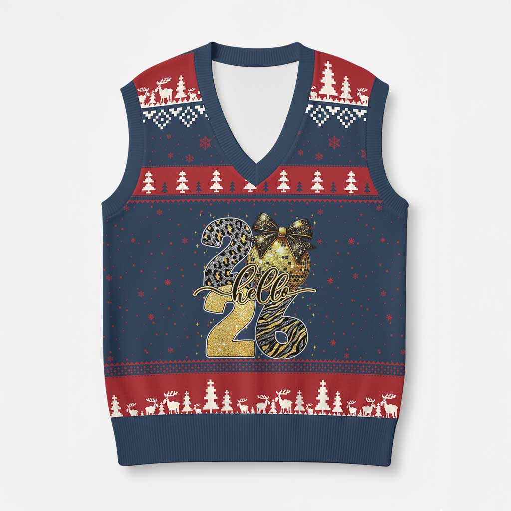 Happy New Year 2026 V-Neck Knit Sweater Vest Hello 2026 Disco Ball Coquette Bow Faux Glitter - Wonder Print Shop