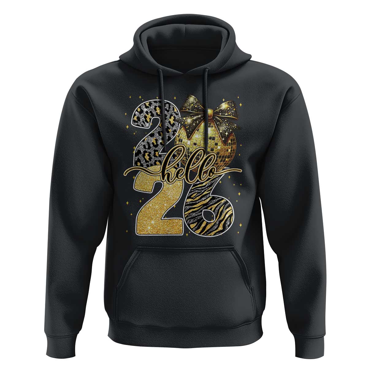 Happy New Year 2026 Hoodie Hello 2026 Disco Ball Coquette Bow Faux Glitter - Wonder Print Shop