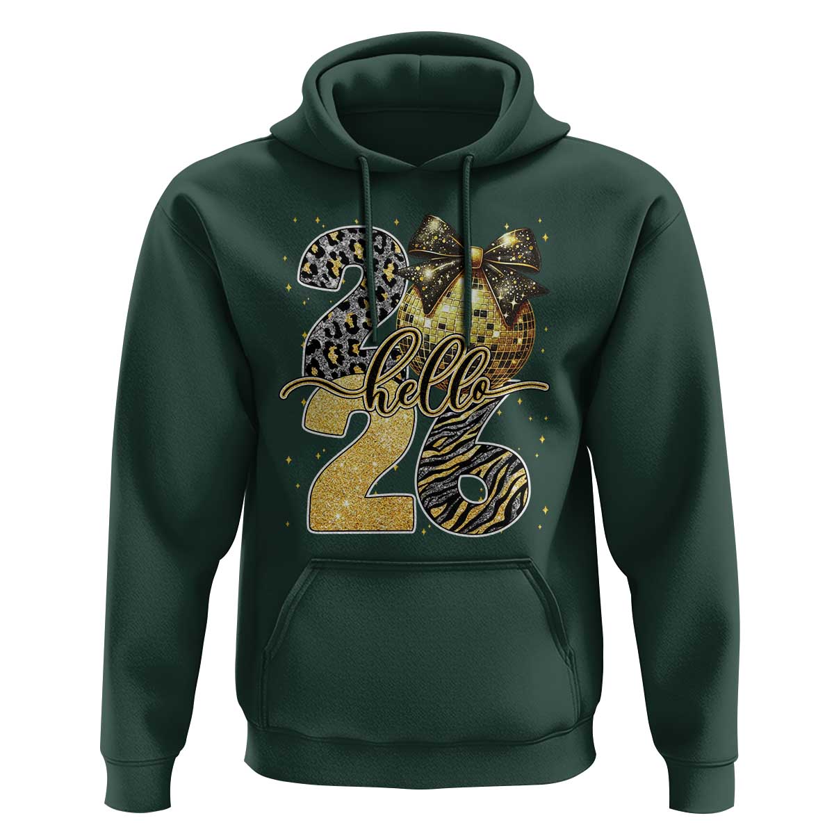 Happy New Year 2026 Hoodie Hello 2026 Disco Ball Coquette Bow Faux Glitter - Wonder Print Shop