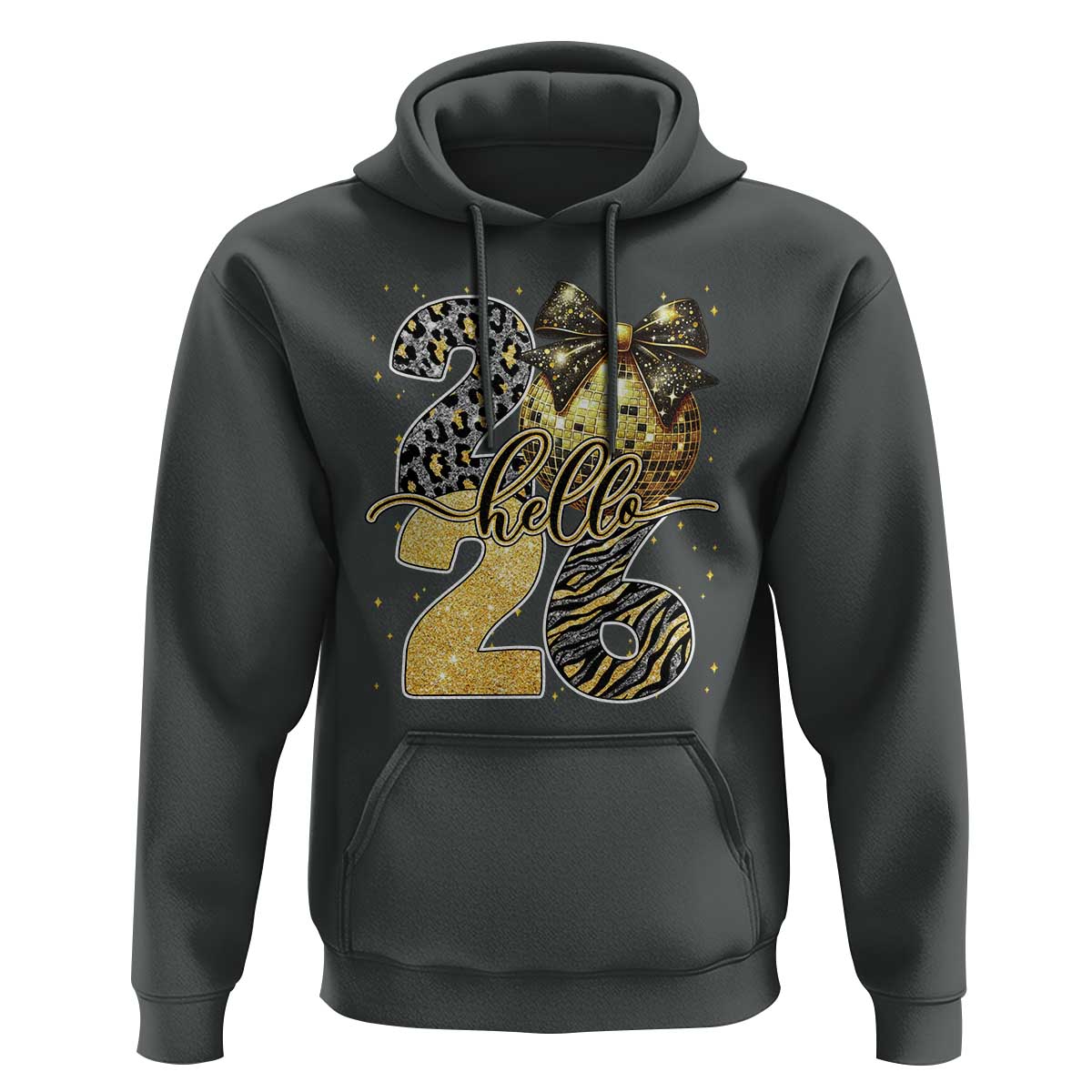 Happy New Year 2026 Hoodie Hello 2026 Disco Ball Coquette Bow Faux Glitter - Wonder Print Shop