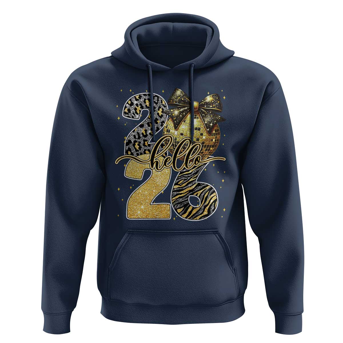 Happy New Year 2026 Hoodie Hello 2026 Disco Ball Coquette Bow Faux Glitter - Wonder Print Shop