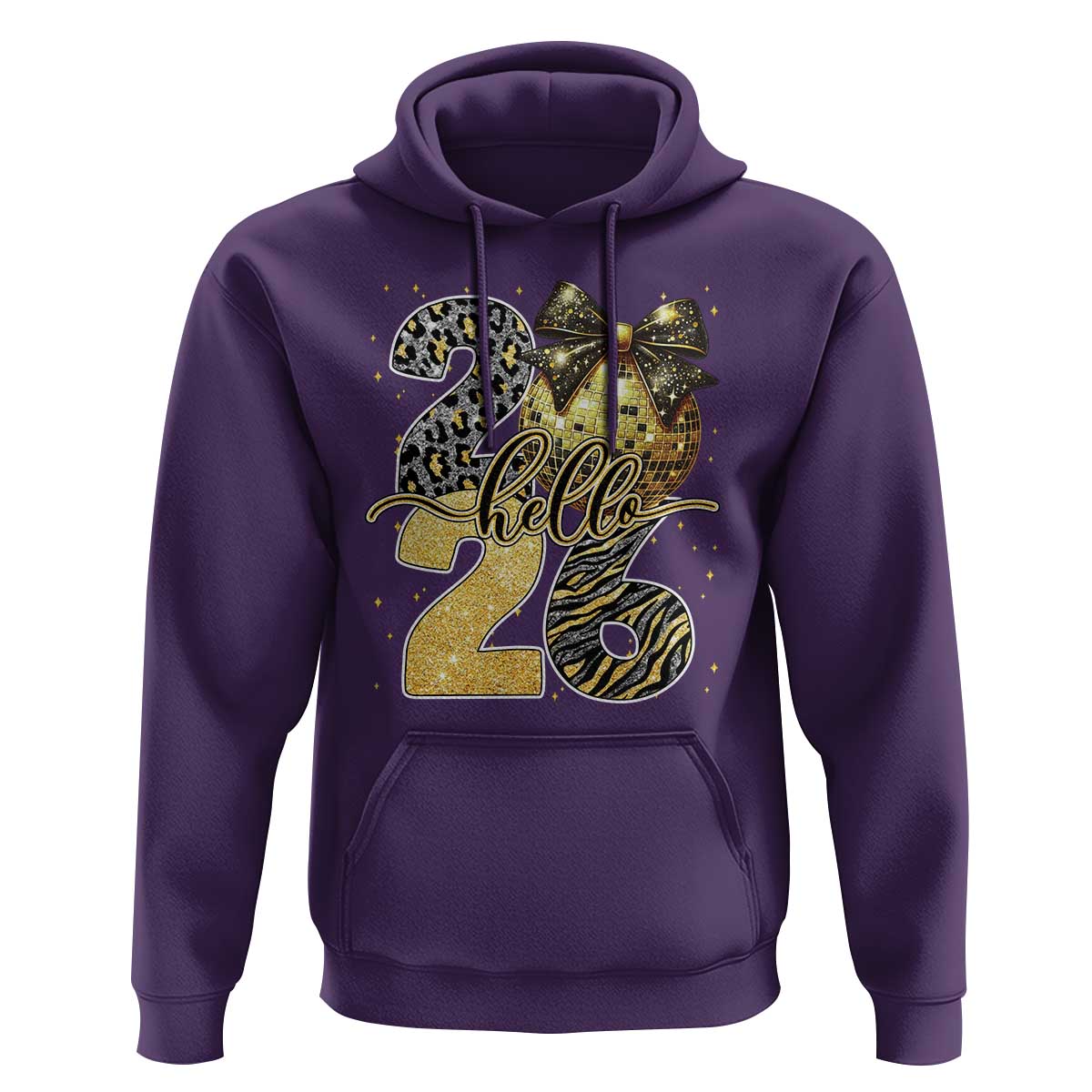 Happy New Year 2026 Hoodie Hello 2026 Disco Ball Coquette Bow Faux Glitter - Wonder Print Shop