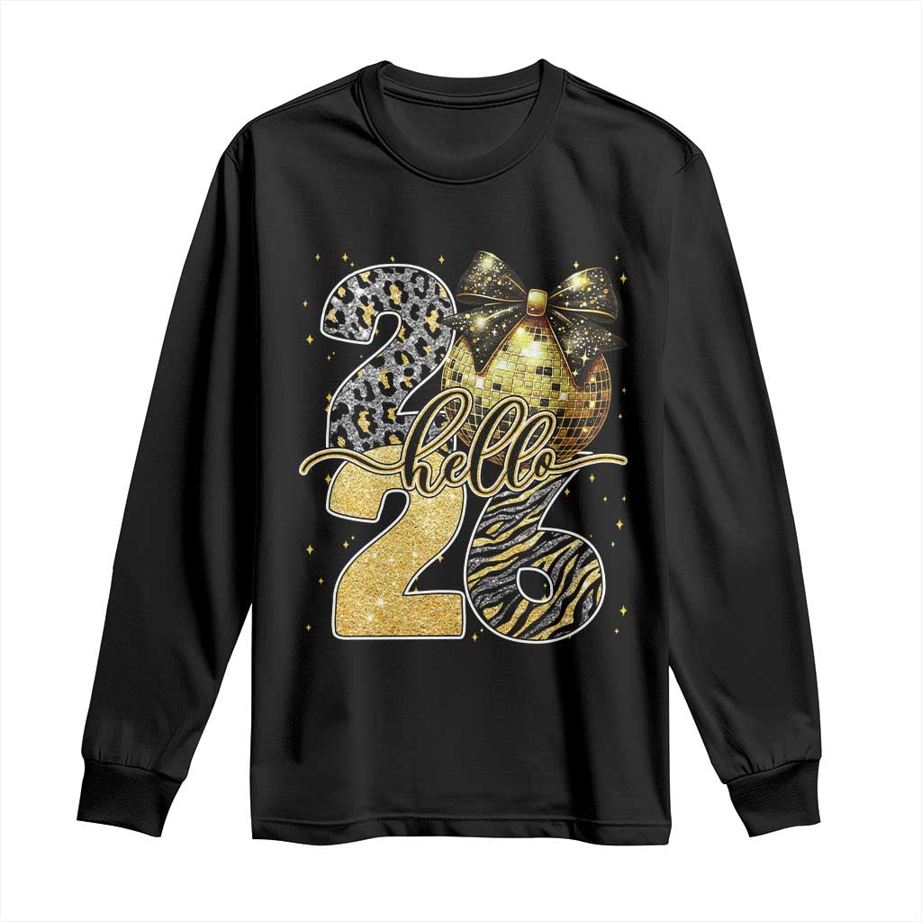 Happy New Year 2026 Long Sleeve Shirt Hello 2026 Disco Ball Coquette Bow Faux Glitter - Wonder Print Shop