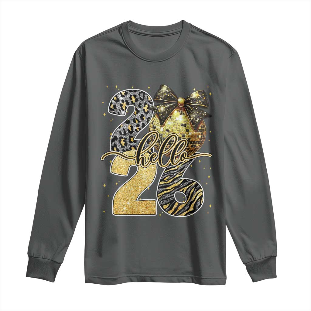 Happy New Year 2026 Long Sleeve Shirt Hello 2026 Disco Ball Coquette Bow Faux Glitter - Wonder Print Shop