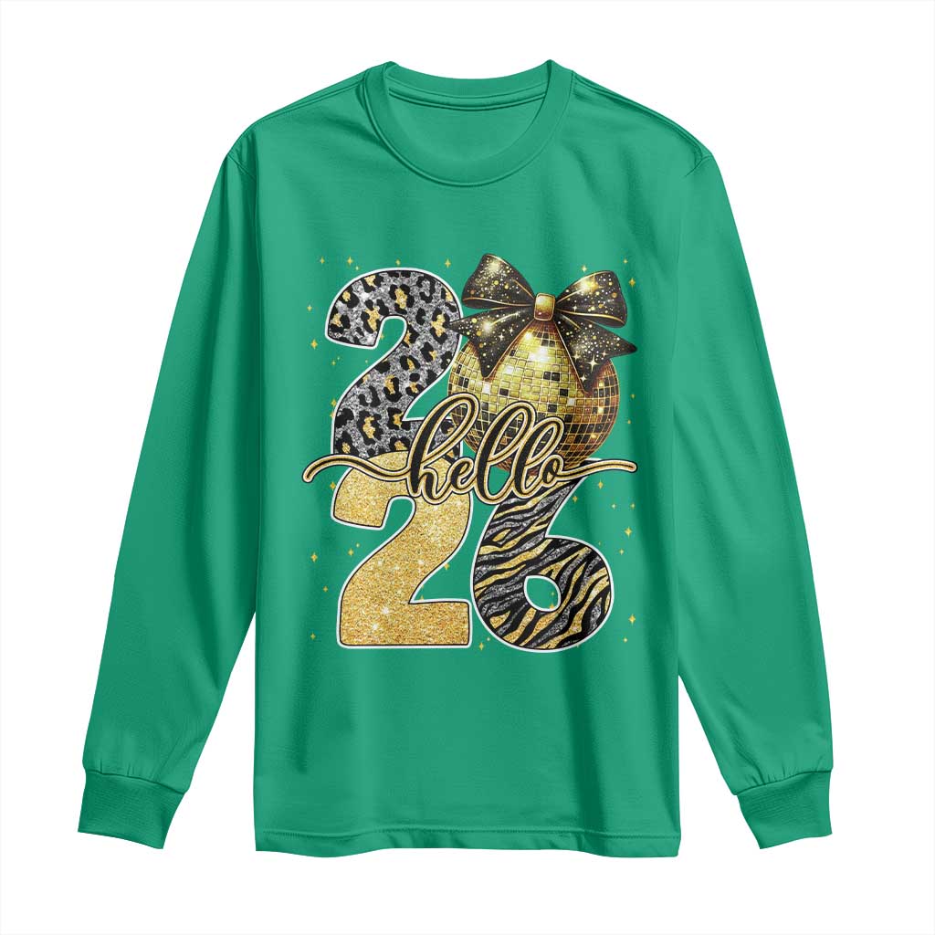 Happy New Year 2026 Long Sleeve Shirt Hello 2026 Disco Ball Coquette Bow Faux Glitter - Wonder Print Shop