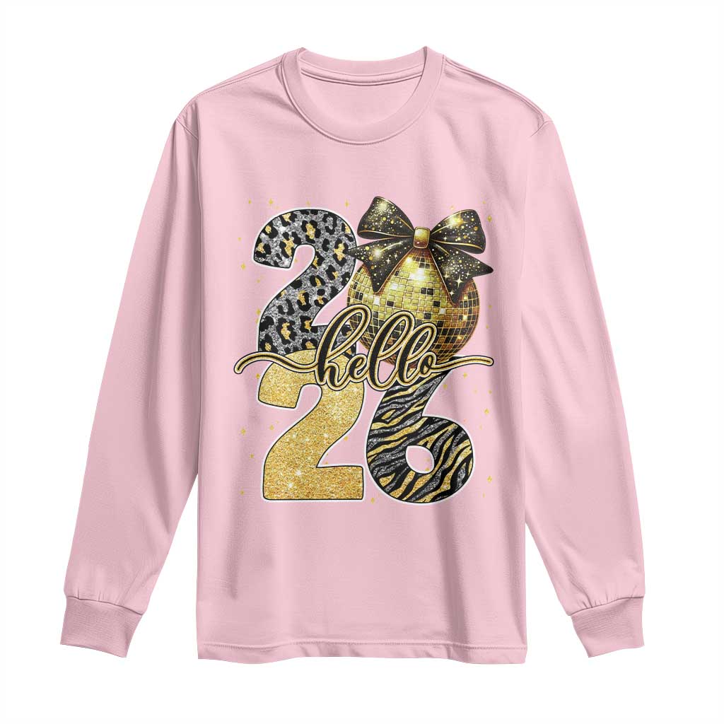 Happy New Year 2026 Long Sleeve Shirt Hello 2026 Disco Ball Coquette Bow Faux Glitter - Wonder Print Shop