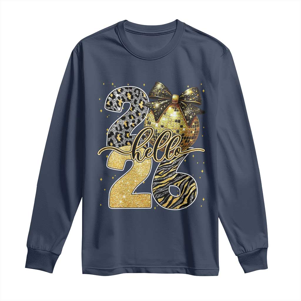 Happy New Year 2026 Long Sleeve Shirt Hello 2026 Disco Ball Coquette Bow Faux Glitter - Wonder Print Shop