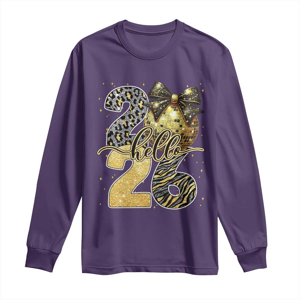 Happy New Year 2026 Long Sleeve Shirt Hello 2026 Disco Ball Coquette Bow Faux Glitter - Wonder Print Shop
