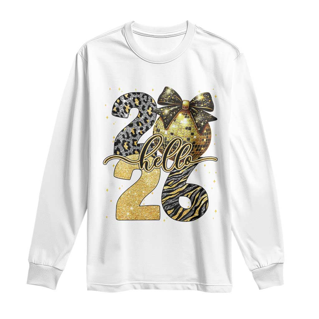 Happy New Year 2026 Long Sleeve Shirt Hello 2026 Disco Ball Coquette Bow Faux Glitter - Wonder Print Shop