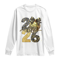 Happy New Year 2026 Long Sleeve Shirt Hello 2026 Disco Ball Coquette Bow Faux Glitter - Wonder Print Shop