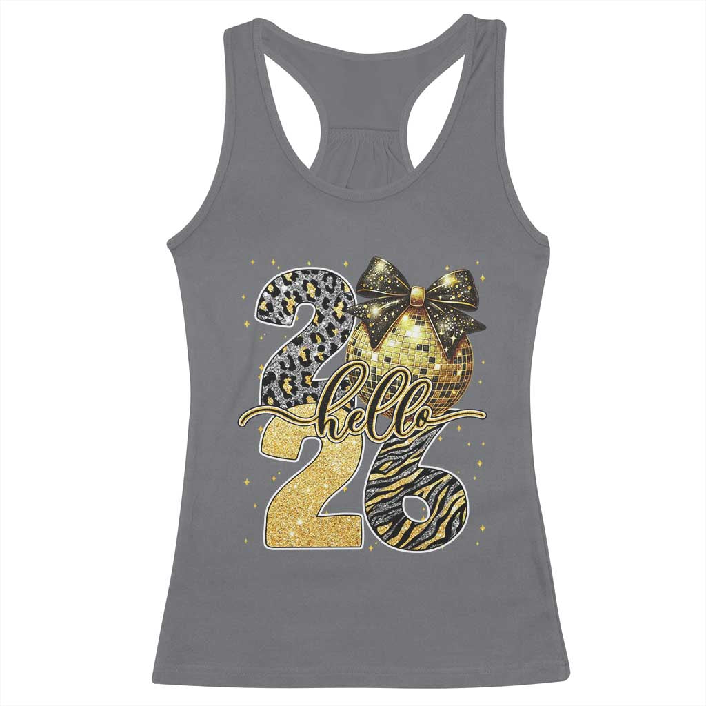 Happy New Year 2026 Racerback Tank Top Hello 2026 Disco Ball Coquette Bow Faux Glitter - Wonder Print Shop