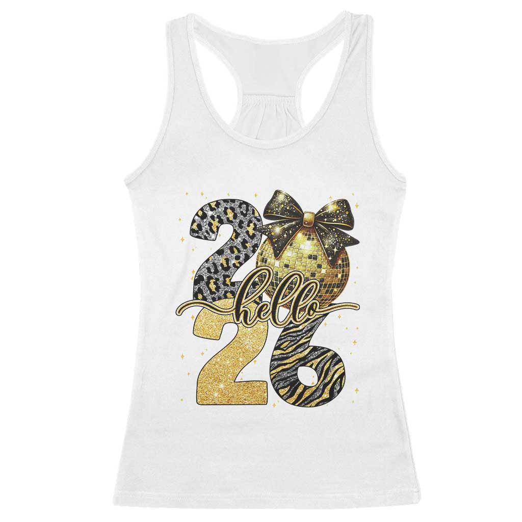 Happy New Year 2026 Racerback Tank Top Hello 2026 Disco Ball Coquette Bow Faux Glitter - Wonder Print Shop