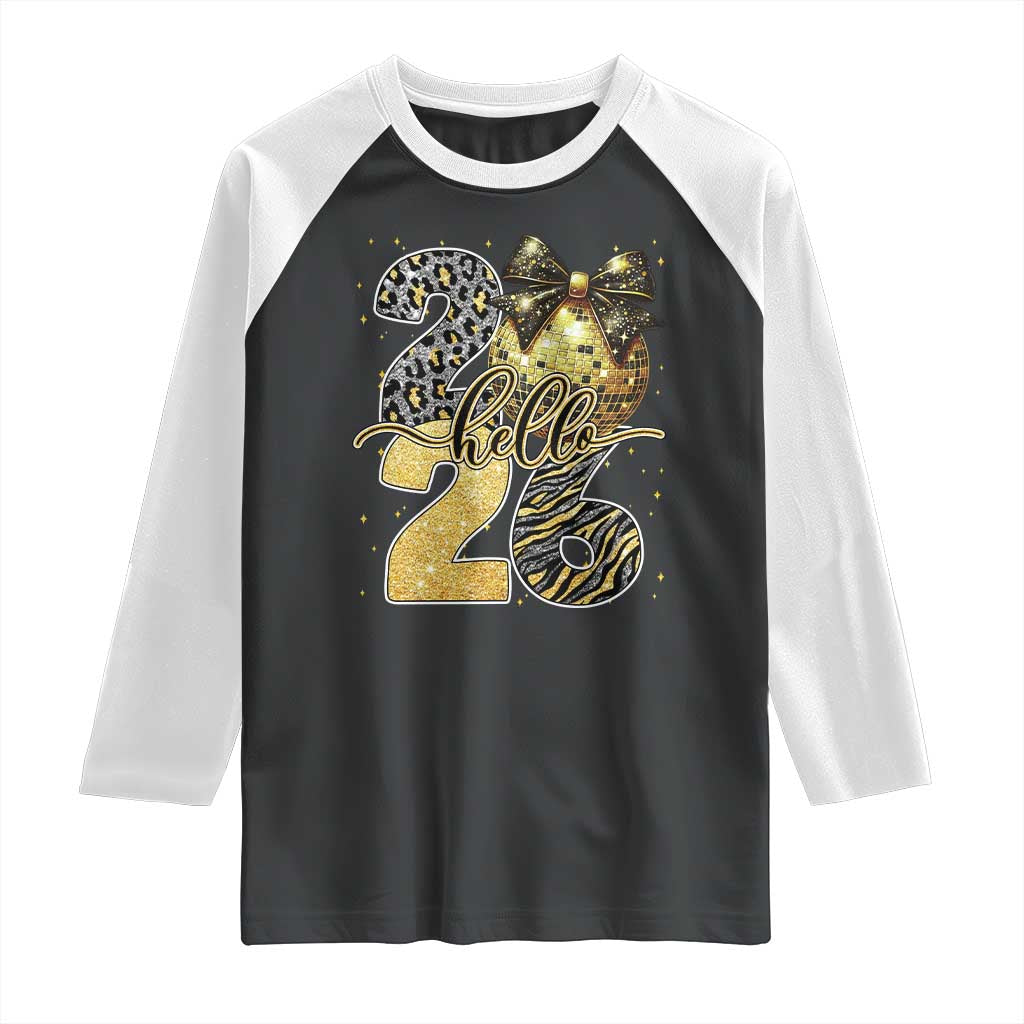 Happy New Year 2026 Raglan Shirt Hello 2026 Disco Ball Coquette Bow Faux Glitter - Wonder Print Shop