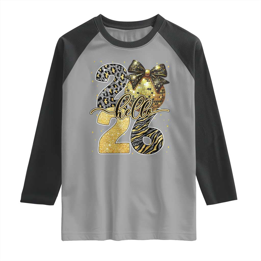 Happy New Year 2026 Raglan Shirt Hello 2026 Disco Ball Coquette Bow Faux Glitter - Wonder Print Shop