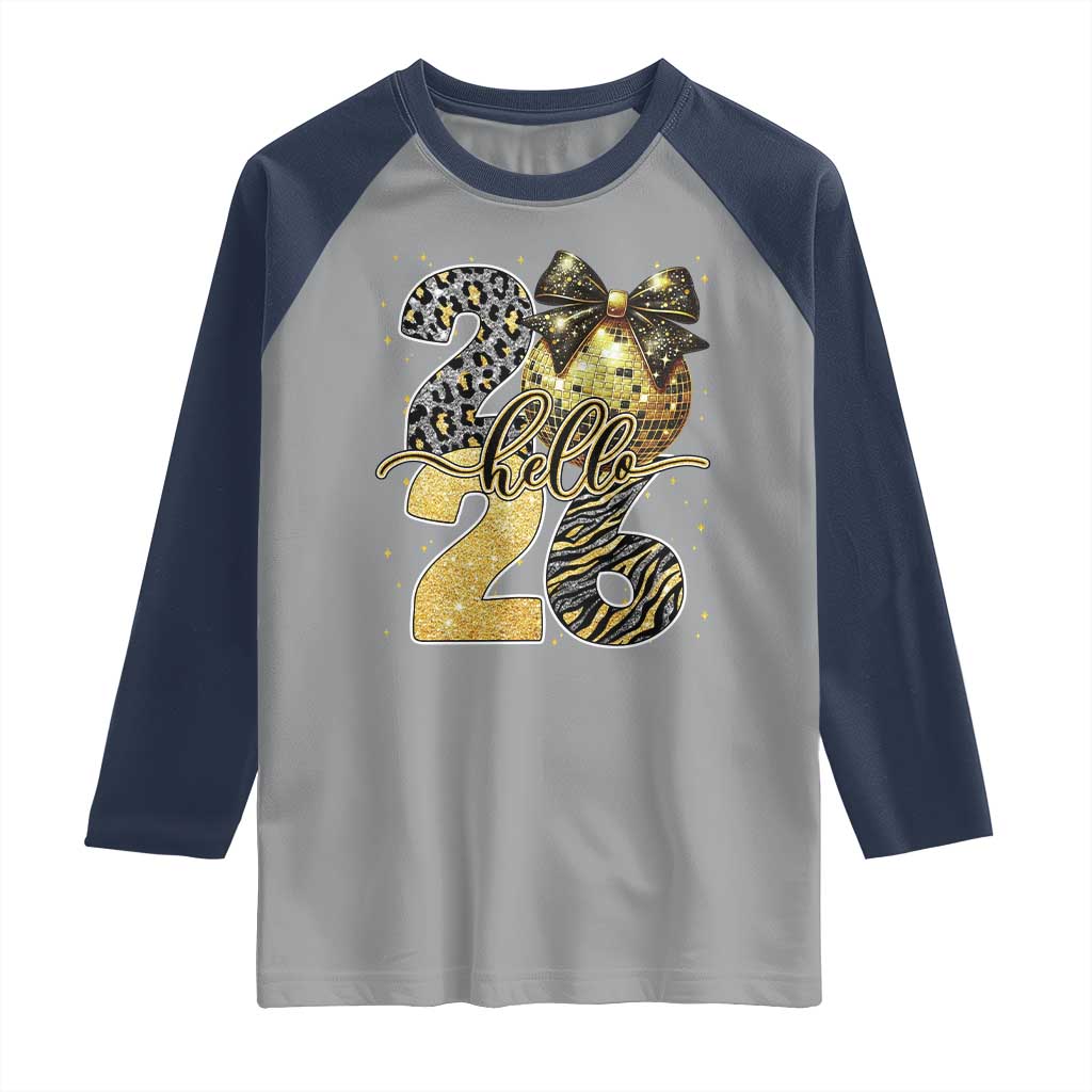 Happy New Year 2026 Raglan Shirt Hello 2026 Disco Ball Coquette Bow Faux Glitter - Wonder Print Shop
