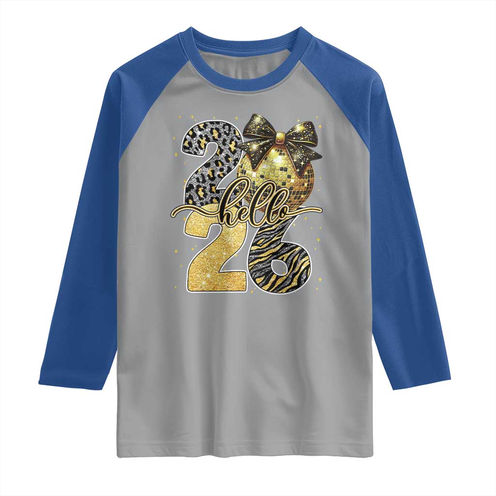 Happy New Year 2026 Raglan Shirt Hello 2026 Disco Ball Coquette Bow Faux Glitter - Wonder Print Shop