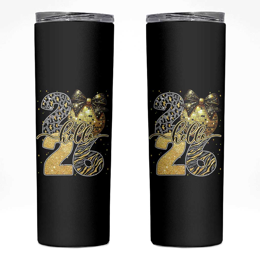 Happy New Year 2026 Skinny Tumbler Hello 2026 Disco Ball Coquette Bow Faux Glitter - Wonder Print Shop