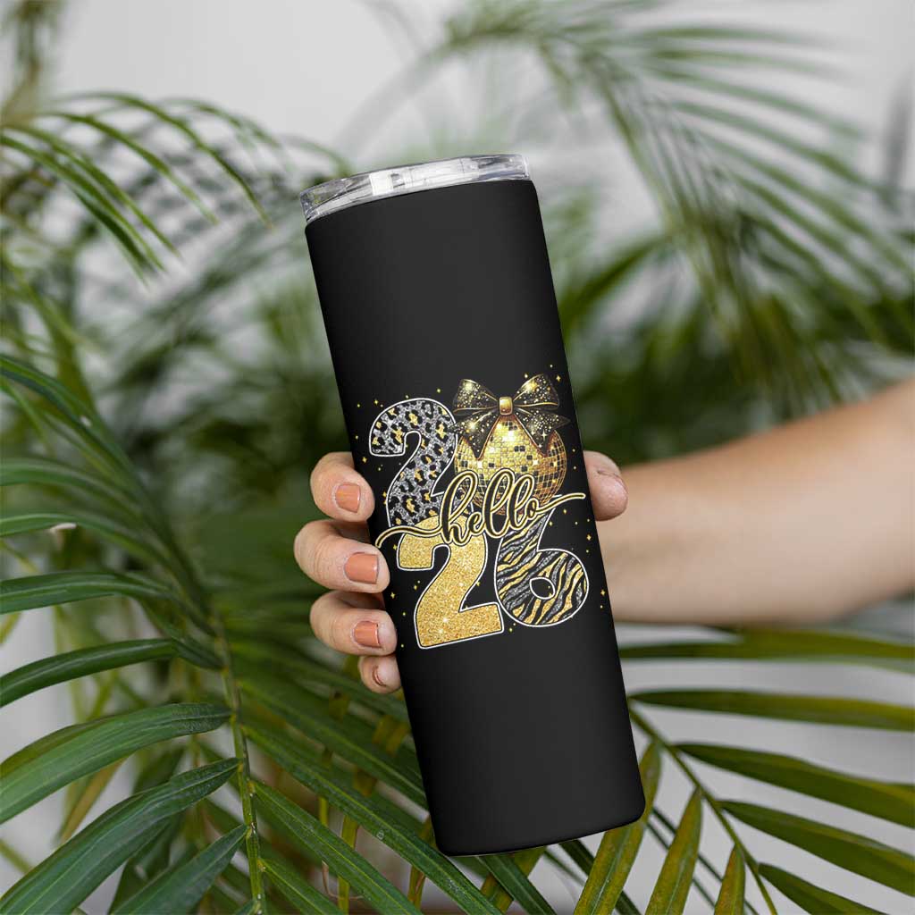 Happy New Year 2026 Skinny Tumbler Hello 2026 Disco Ball Coquette Bow Faux Glitter - Wonder Print Shop