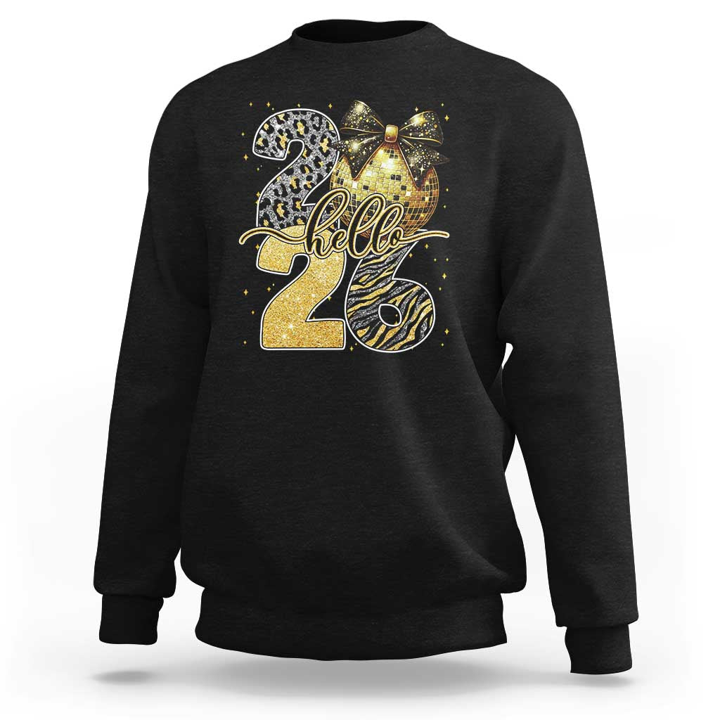Happy New Year 2026 Sweatshirt Hello 2026 Disco Ball Coquette Bow Faux Glitter - Wonder Print Shop