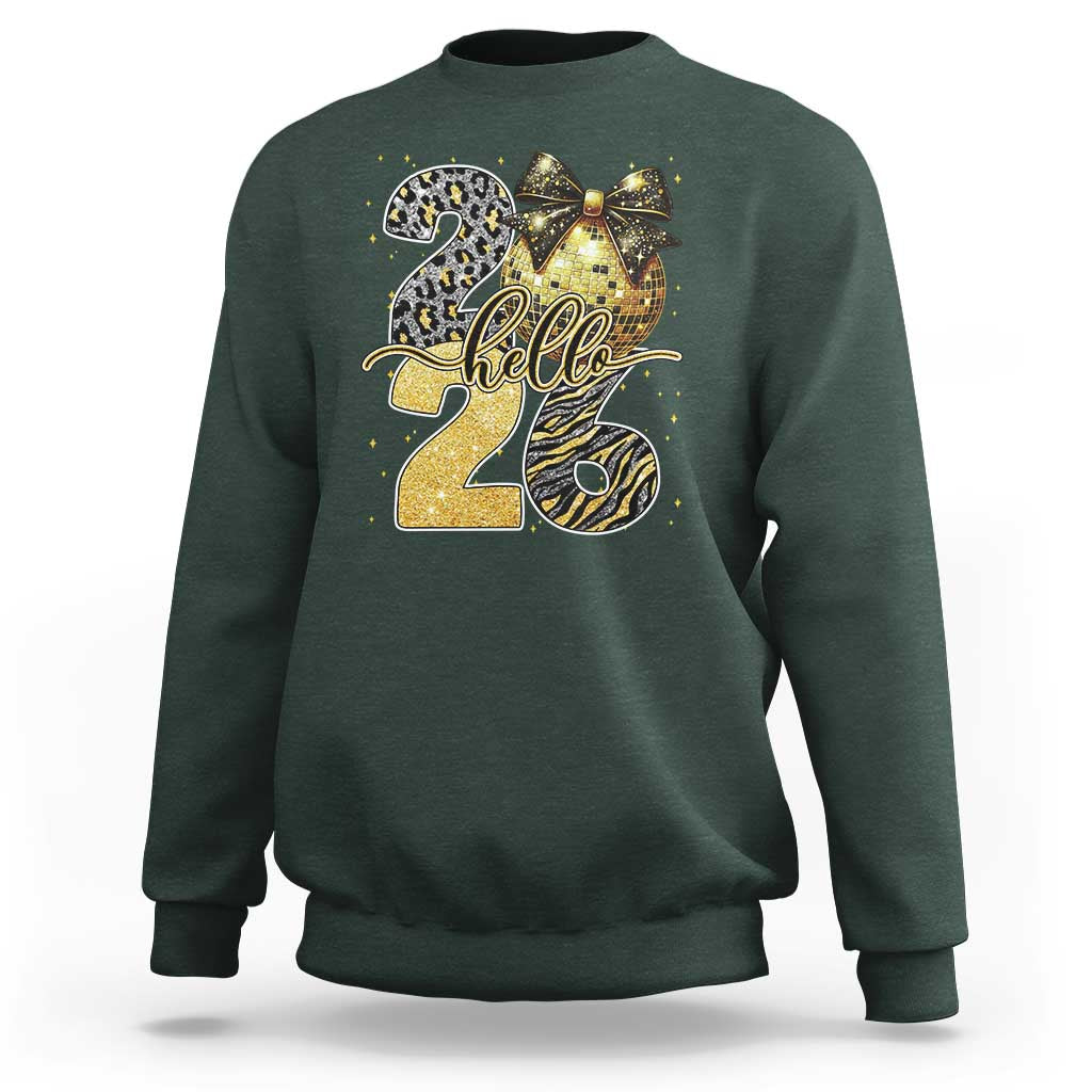 Happy New Year 2026 Sweatshirt Hello 2026 Disco Ball Coquette Bow Faux Glitter - Wonder Print Shop